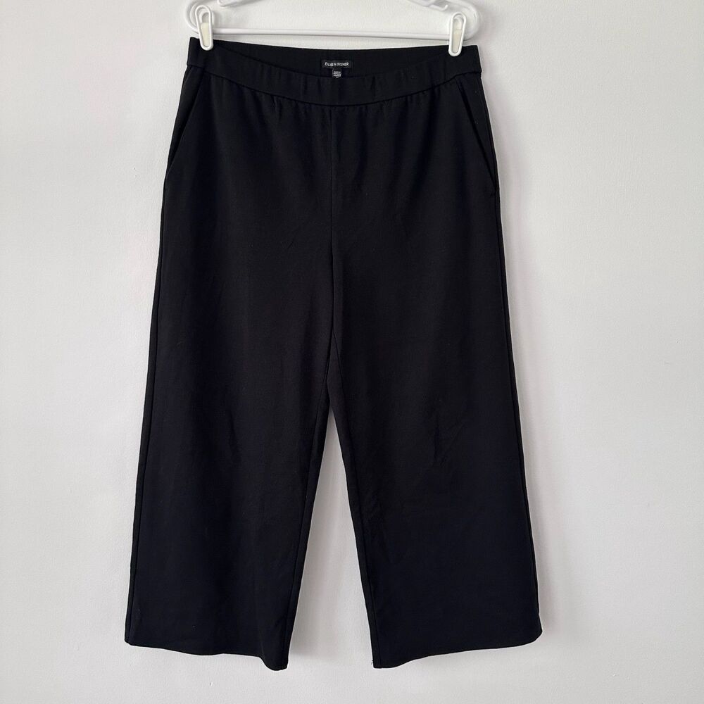 Eileen Fisher Cotton Blend Ponte Wide-Leg Cropped Pant Black Medium Pull-On SS23